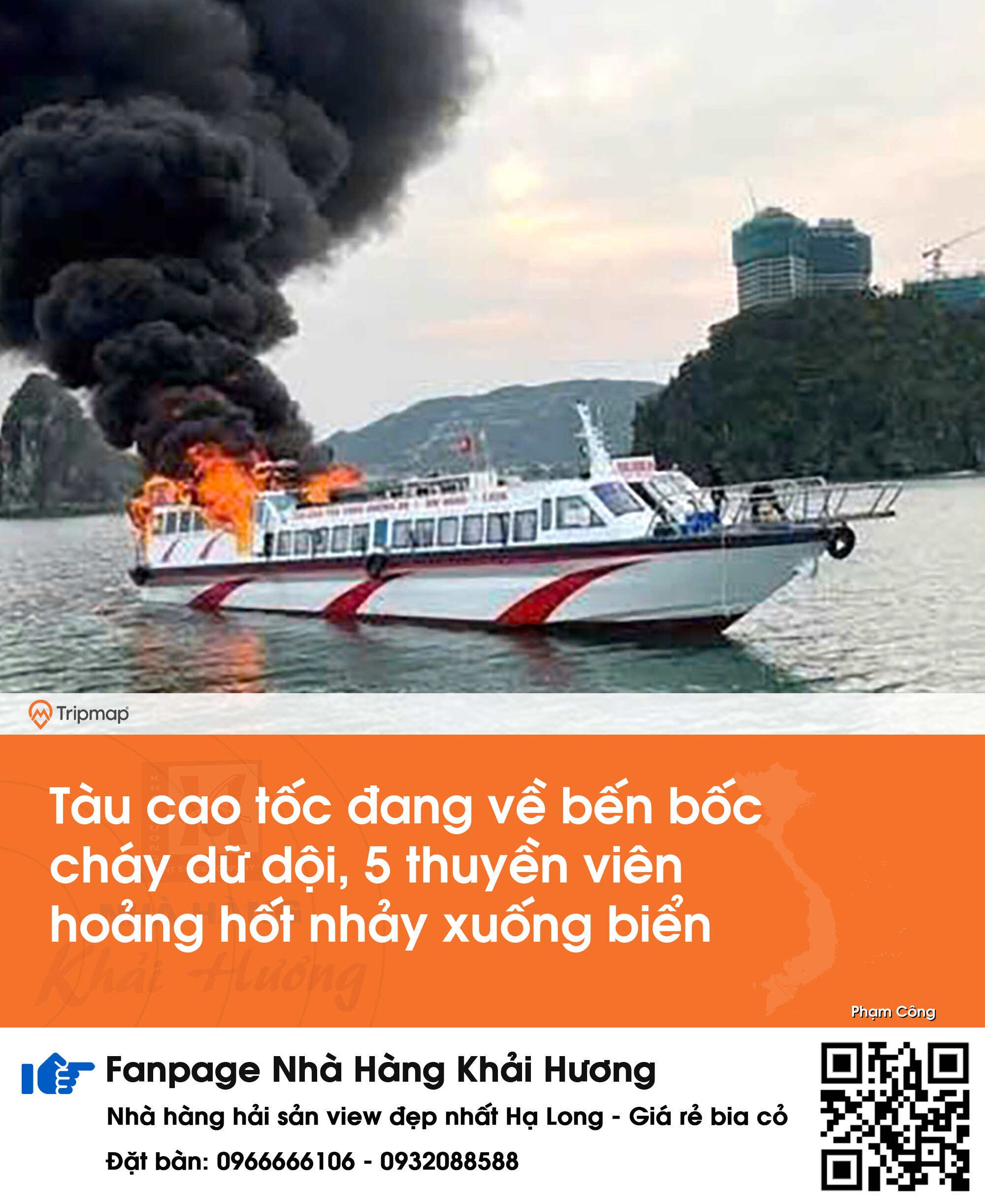 Tàu cao tốc đang về bến bốc cháy dữ dội, 5 thuyền viên hoảng hốt nhảy xuống biển